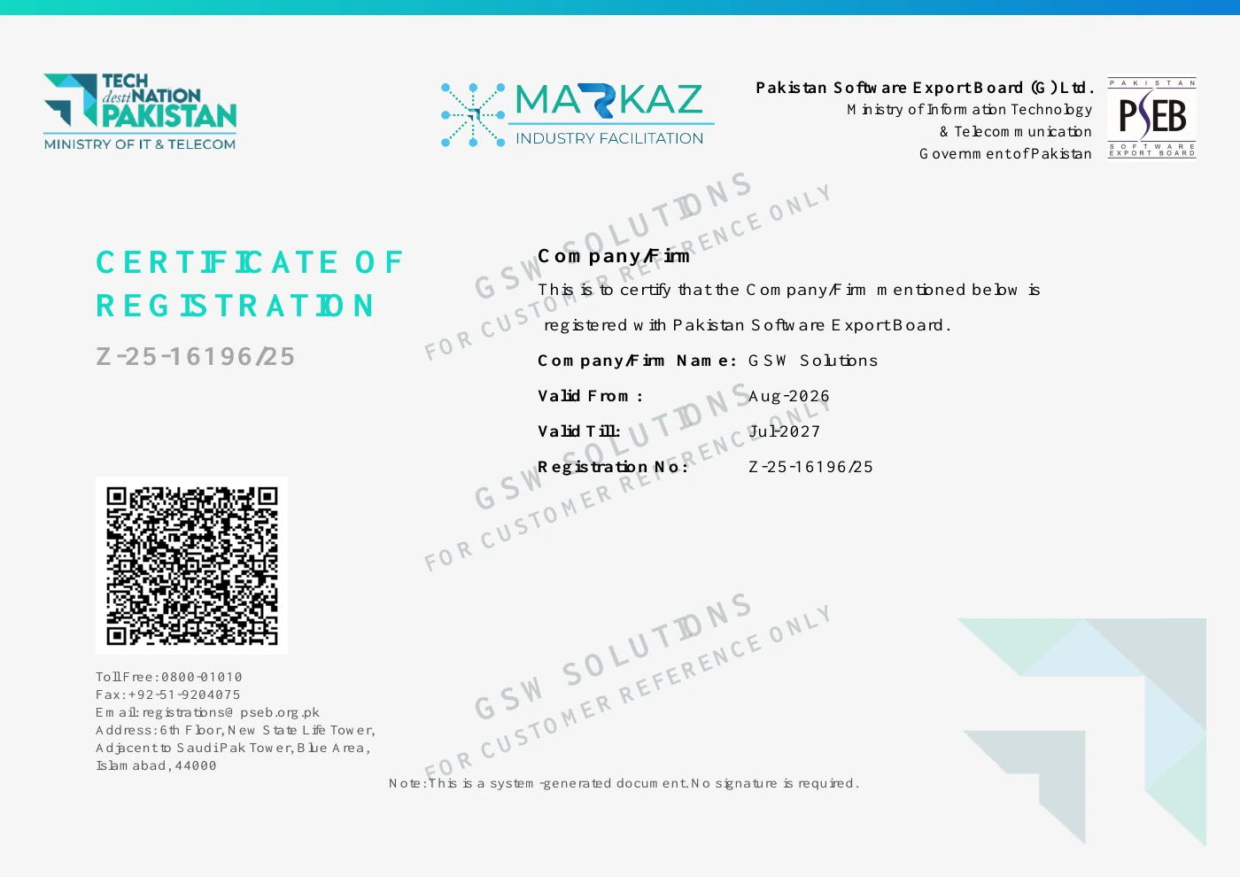 Watermarked GSW Solutions PSEB registration certificate, August 2026 – July 2027. For customer reference only.