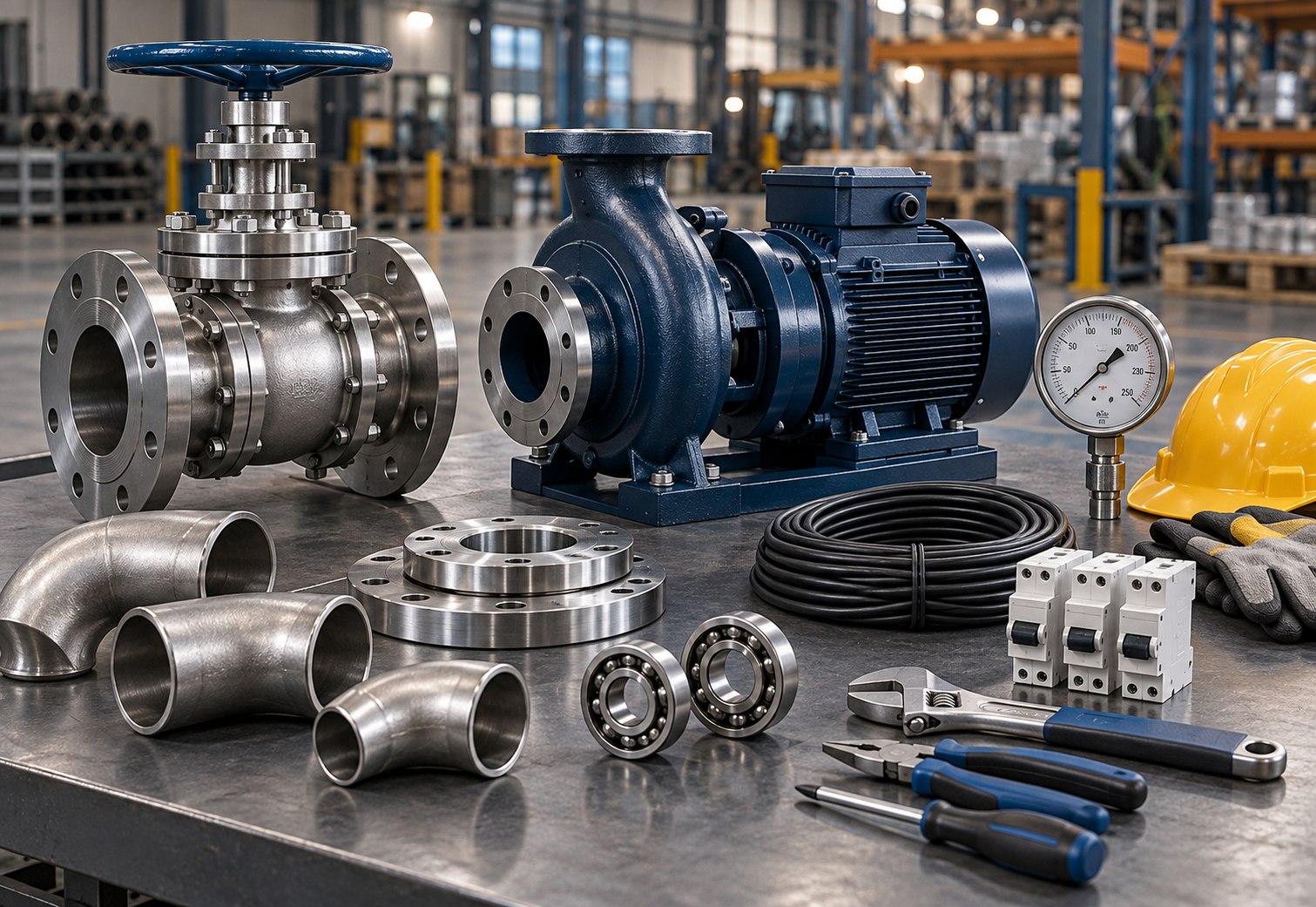 Industrial supply products including a valve, pump, pipe fittings, electrical components, tools and safety equipment