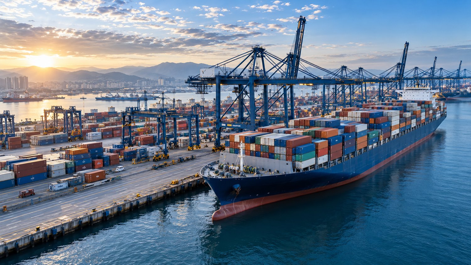 Container ship and cranes at a commercial port